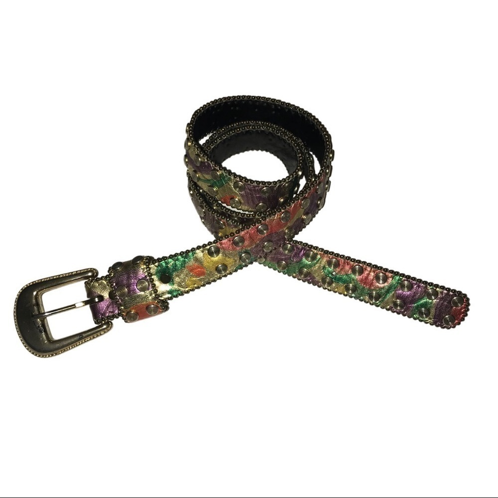 Multicolored Gold Tone Studded Leather 1 in Belt